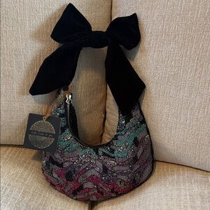 Chic Beaded Shoulder Bag with Black Bow